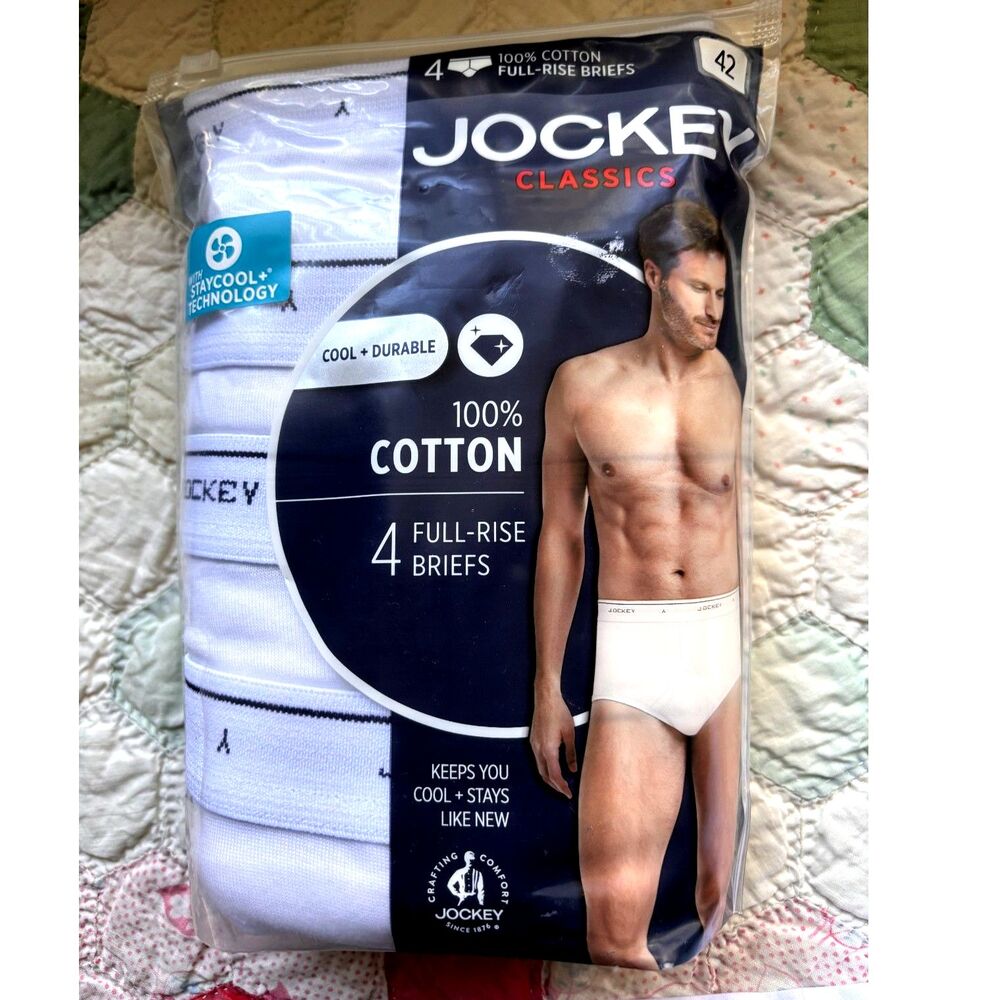 Jockey Men's White Full Rise Briefs 4 Pr 100% Cotton Stay Cool